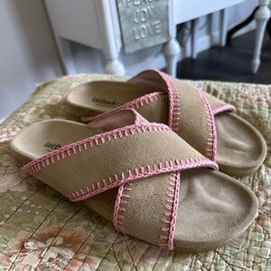 Beige Suede Cross-Strap Sandals with Pink Trim